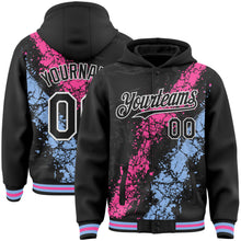 Load image into Gallery viewer, Custom Black Pink Light Blue-White Splash Art 3D Pattern Design Bomber Full-Snap Varsity Letterman Hoodie Jacket
