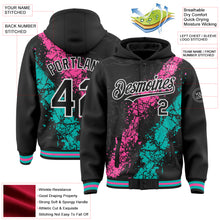 Load image into Gallery viewer, Custom Black Pink Aqua-White Splash Art 3D Pattern Design Bomber Full-Snap Varsity Letterman Hoodie Jacket
