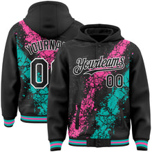 Load image into Gallery viewer, Custom Black Pink Aqua-White Splash Art 3D Pattern Design Bomber Full-Snap Varsity Letterman Hoodie Jacket
