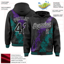 Load image into Gallery viewer, Custom Black Purple Teal-White Splash Art 3D Pattern Design Bomber Full-Snap Varsity Letterman Hoodie Jacket
