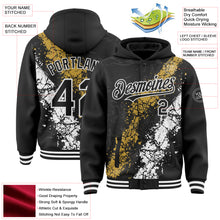 Load image into Gallery viewer, Custom Black Old Gold-White Splash Art 3D Pattern Design Bomber Full-Snap Varsity Letterman Hoodie Jacket
