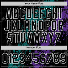 Load image into Gallery viewer, Custom Black Teal Purple-White Splash Art 3D Pattern Design Bomber Full-Snap Varsity Letterman Hoodie Jacket
