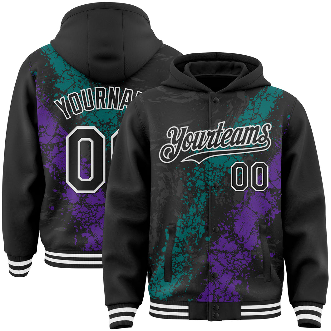 Custom Black Teal Purple-White Splash Art 3D Pattern Design Bomber Full-Snap Varsity Letterman Hoodie Jacket