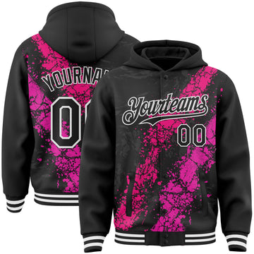 Custom Black Hot Pink Deep Pink-White Splash Art 3D Pattern Design Bomber Full-Snap Varsity Letterman Hoodie Jacket