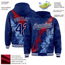 Load image into Gallery viewer, Custom Royal Red Light Blue-White Splash Art 3D Pattern Design Bomber Full-Snap Varsity Letterman Hoodie Jacket

