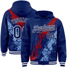 Load image into Gallery viewer, Custom Royal Red Light Blue-White Splash Art 3D Pattern Design Bomber Full-Snap Varsity Letterman Hoodie Jacket
