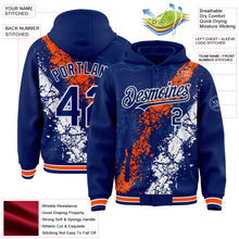Load image into Gallery viewer, Custom Royal Orange-White Splash Art 3D Pattern Design Bomber Full-Snap Varsity Letterman Hoodie Jacket

