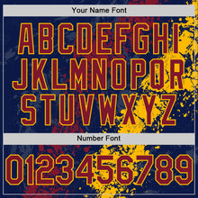 Load image into Gallery viewer, Custom Navy Crimson-Gold Splash Art 3D Pattern Design Bomber Full-Snap Varsity Letterman Hoodie Jacket
