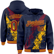 Load image into Gallery viewer, Custom Navy Crimson-Gold Splash Art 3D Pattern Design Bomber Full-Snap Varsity Letterman Hoodie Jacket
