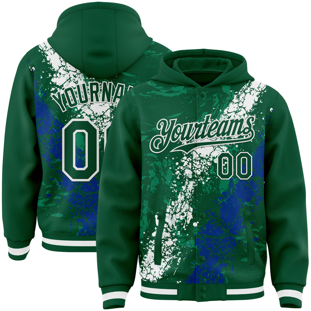Custom Kelly Green White-Royal Splash Art 3D Pattern Design Bomber Full-Snap Varsity Letterman Hoodie Jacket
