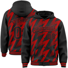 Load image into Gallery viewer, Custom Black Red Zigzag Shape 3D Pattern Design Bomber Full-Snap Varsity Letterman Hoodie Jacket
