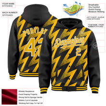 Load image into Gallery viewer, Custom Black Gold-White Zigzag Shape 3D Pattern Design Bomber Full-Snap Varsity Letterman Hoodie Jacket
