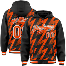 Load image into Gallery viewer, Custom Black Orange-White Zigzag Shape 3D Pattern Design Bomber Full-Snap Varsity Letterman Hoodie Jacket
