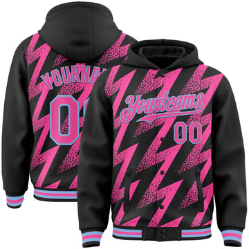 Custom Black Pink-White Zigzag Shape 3D Pattern Design Bomber Full-Snap Varsity Letterman Hoodie Jacket