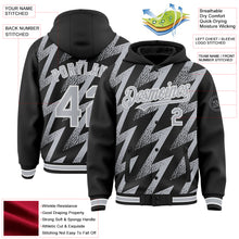 Load image into Gallery viewer, Custom Black Gray-White Zigzag Shape 3D Pattern Design Bomber Full-Snap Varsity Letterman Hoodie Jacket
