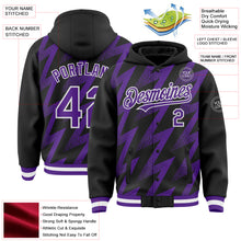 Load image into Gallery viewer, Custom Black Purple-White Zigzag Shape 3D Pattern Design Bomber Full-Snap Varsity Letterman Hoodie Jacket
