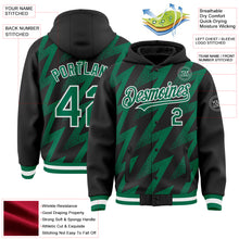 Load image into Gallery viewer, Custom Black Kelly Green-White Zigzag Shape 3D Pattern Design Bomber Full-Snap Varsity Letterman Hoodie Jacket
