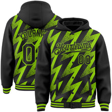 Load image into Gallery viewer, Custom Black Neon Green Zigzag Shape 3D Pattern Design Bomber Full-Snap Varsity Letterman Hoodie Jacket
