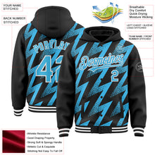 Load image into Gallery viewer, Custom Black Sky Blue-White Zigzag Shape 3D Pattern Design Bomber Full-Snap Varsity Letterman Hoodie Jacket
