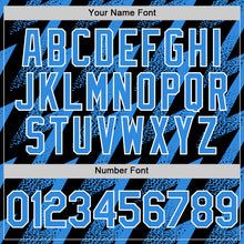 Загрузить изображение в средство просмотра галереи, Custom Black Powder Blue-White Zigzag Shape 3D Pattern Design Bomber Full-Snap Varsity Letterman Hoodie Jacket
