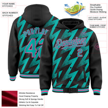 Load image into Gallery viewer, Custom Black Aqua-Pink Zigzag Shape 3D Pattern Design Bomber Full-Snap Varsity Letterman Hoodie Jacket

