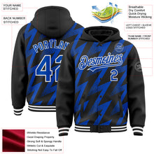 Load image into Gallery viewer, Custom Black Thunder Blue-White Zigzag Shape 3D Pattern Design Bomber Full-Snap Varsity Letterman Hoodie Jacket
