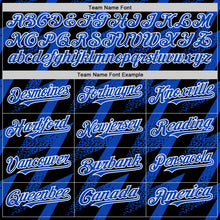 Load image into Gallery viewer, Custom Black Thunder Blue-White Zigzag Shape 3D Pattern Design Bomber Full-Snap Varsity Letterman Hoodie Jacket
