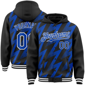 Custom Black Thunder Blue-White Zigzag Shape 3D Pattern Design Bomber Full-Snap Varsity Letterman Hoodie Jacket