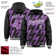Load image into Gallery viewer, Custom Black Medium Purple-White Zigzag Shape 3D Pattern Design Bomber Full-Snap Varsity Letterman Hoodie Jacket
