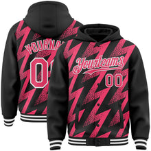 Load image into Gallery viewer, Custom Black Neon Pink-White Zigzag Shape 3D Pattern Design Bomber Full-Snap Varsity Letterman Hoodie Jacket
