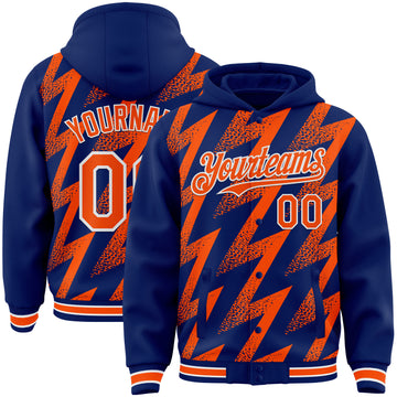 Custom Royal Orange-White Zigzag Shape 3D Pattern Design Bomber Full-Snap Varsity Letterman Hoodie Jacket