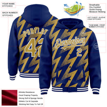 Load image into Gallery viewer, Custom Royal Old Gold-White Zigzag Shape 3D Pattern Design Bomber Full-Snap Varsity Letterman Hoodie Jacket
