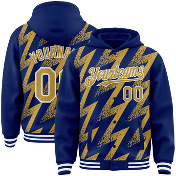 Custom Royal Old Gold-White Zigzag Shape 3D Pattern Design Bomber Full-Snap Varsity Letterman Hoodie Jacket