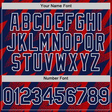 Load image into Gallery viewer, Custom Navy Red-White Zigzag Shape 3D Pattern Design Bomber Full-Snap Varsity Letterman Hoodie Jacket
