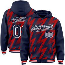Load image into Gallery viewer, Custom Navy Red-White Zigzag Shape 3D Pattern Design Bomber Full-Snap Varsity Letterman Hoodie Jacket

