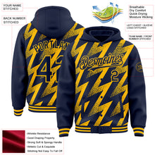 Load image into Gallery viewer, Custom Navy Gold Zigzag Shape 3D Pattern Design Bomber Full-Snap Varsity Letterman Hoodie Jacket

