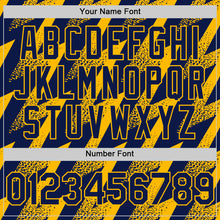 Load image into Gallery viewer, Custom Navy Gold Zigzag Shape 3D Pattern Design Bomber Full-Snap Varsity Letterman Hoodie Jacket
