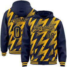 Load image into Gallery viewer, Custom Navy Gold Zigzag Shape 3D Pattern Design Bomber Full-Snap Varsity Letterman Hoodie Jacket
