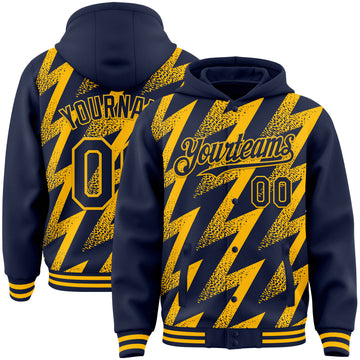 Custom Navy Gold Zigzag Shape 3D Pattern Design Bomber Full-Snap Varsity Letterman Hoodie Jacket