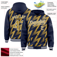 Load image into Gallery viewer, Custom Navy Old Gold-White Zigzag Shape 3D Pattern Design Bomber Full-Snap Varsity Letterman Hoodie Jacket
