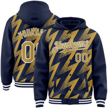 Load image into Gallery viewer, Custom Navy Old Gold-White Zigzag Shape 3D Pattern Design Bomber Full-Snap Varsity Letterman Hoodie Jacket
