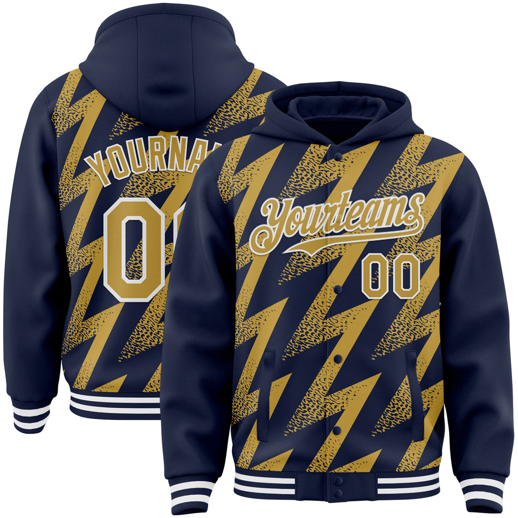 Custom Navy Old Gold-White Zigzag Shape 3D Pattern Design Bomber Full-Snap Varsity Letterman Hoodie Jacket