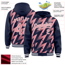 Load image into Gallery viewer, Custom Navy Medium Pink-White Zigzag Shape 3D Pattern Design Bomber Full-Snap Varsity Letterman Hoodie Jacket
