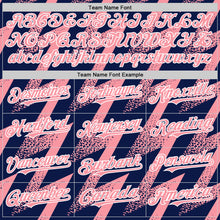 Load image into Gallery viewer, Custom Navy Medium Pink-White Zigzag Shape 3D Pattern Design Bomber Full-Snap Varsity Letterman Hoodie Jacket
