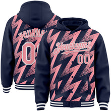 Load image into Gallery viewer, Custom Navy Medium Pink-White Zigzag Shape 3D Pattern Design Bomber Full-Snap Varsity Letterman Hoodie Jacket
