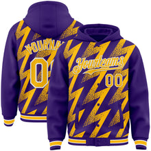 Load image into Gallery viewer, Custom Purple Gold-White Zigzag Shape 3D Pattern Design Bomber Full-Snap Varsity Letterman Hoodie Jacket
