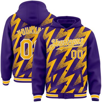 Custom Purple Gold-White Zigzag Shape 3D Pattern Design Bomber Full-Snap Varsity Letterman Hoodie Jacket