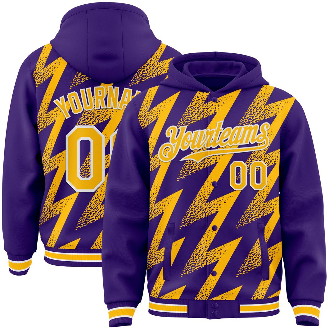 Custom Purple Gold-White Zigzag Shape 3D Pattern Design Bomber Full-Snap Varsity Letterman Hoodie Jacket