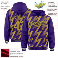 Load image into Gallery viewer, Custom Purple Old Gold Black-White Zigzag Shape 3D Pattern Design Bomber Full-Snap Varsity Letterman Hoodie Jacket
