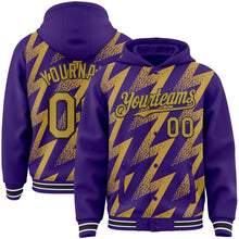 Load image into Gallery viewer, Custom Purple Old Gold Black-White Zigzag Shape 3D Pattern Design Bomber Full-Snap Varsity Letterman Hoodie Jacket
